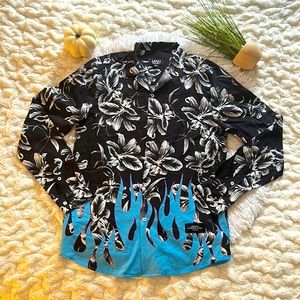 boohooMAN XS long sleeved black and white tropical floral with blue flam…